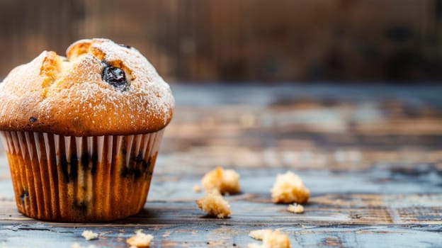 A freshly baked blueberry muffin topped with a generous dusting of powdered sugar. The muffin is golden-brown with visible blueberries peeking through the batter, and the sugar adds a sweet finishing touch.