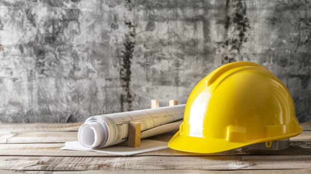 A vibrant yellow hard hat is placed neatly on top of a sturdy wooden table. The contrast between the bright color of the hard hat and the natural wood of the table creates a striking visual impact.