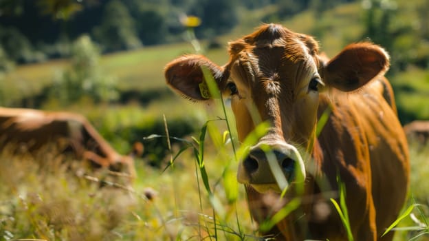 A brown cow is standing atop a vibrant green field. The cows fur is a rich brown color, contrasting with the lush grass below. The scene conveys a sense of rural tranquility, with the cow peacefully grazing in its natural habitat.