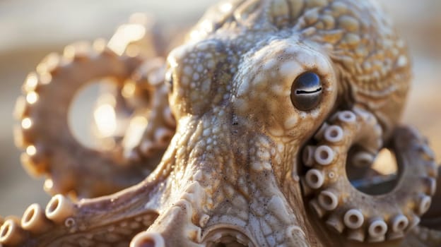 This close-up shot depicts the intricate details of an octopuss head, showcasing its bulbous eyes, beak, and tentacles. The suction cups and texture of its skin are prominently displayed, giving a detailed view of this fascinating marine creature.