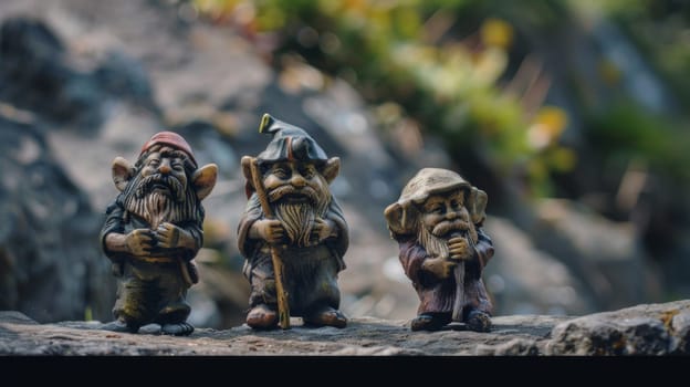 A group of three gnomes are perched on a large rock, each wearing colorful pointed hats and beaming smiles. They appear to be engaged in conversation or enjoying the view around them.