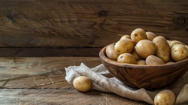 A wooden bowl brimming with potatoes rests on a rustic wooden table. The perfectly arranged tubers showcase their earthy hues and textures under warm lighting, creating a simple yet inviting scene.