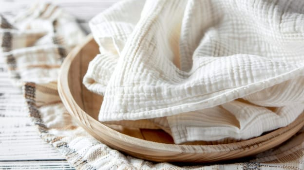 A wooden bowl sits on top of a table, filled with neatly folded white cloth. The table surface appears smooth and polished, reflecting the soft ambient light in the room.