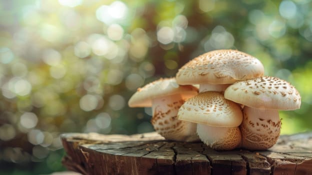 A cluster of various mushrooms in different shapes and sizes is seen growing on top of a decaying tree stump in a forest setting. The mushrooms are surrounded by moss and fallen leaves, showcasing a natural symbiotic relationship.