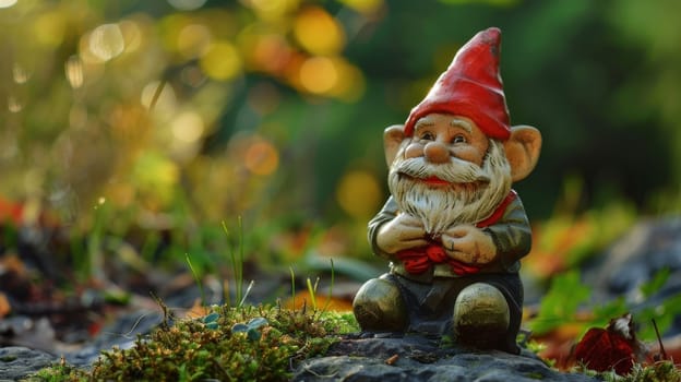 A small garden gnome is perched on a rock in a garden setting. The gnome is depicted in a seated position, surrounded by plants and flowers. The rock contrasts with the greenery, providing a focal point for the scene.
