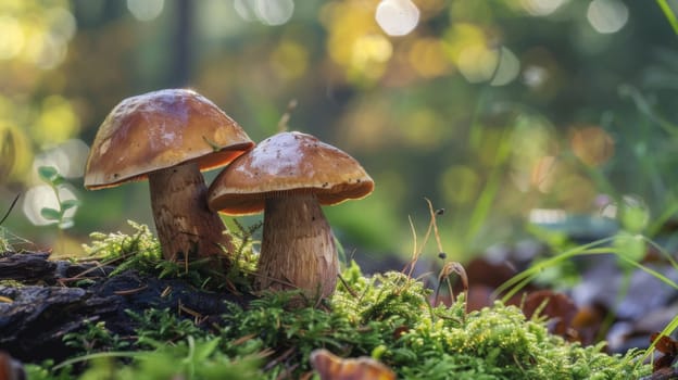 A pair of mushrooms are situated on the vibrant green grass of a field. The mushrooms stand out against the lush backdrop, adding a unique element to the scenery.
