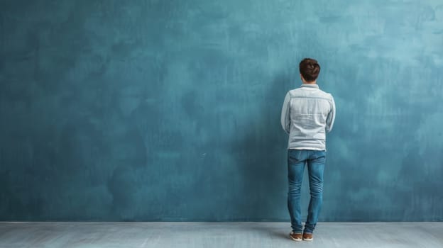 A man is standing upright in front of a vibrant blue wall. He appears to be facing forward with his hands by his side. The wall provides a stark contrast to the mans silhouette.
