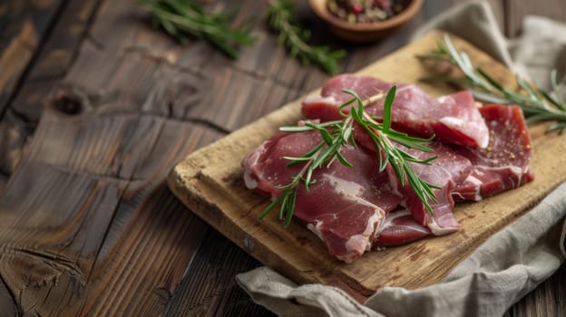 A wooden cutting board is shown with raw meat placed on top, ready for preparation. The meat appears fresh and uncooked, with visible marbling and texture.