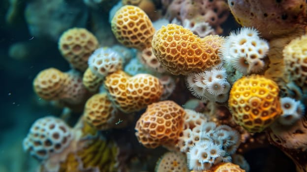 This close-up shot showcases a vibrant array of corals in various hues and shapes. The different colors, textures, and sizes of the corals create a visually striking composition.