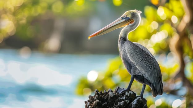 A bird with a long beak is perched on a rocky surface, surveying its surroundings. The birds distinctive beak is prominent as it stands majestically on the rugged rock.