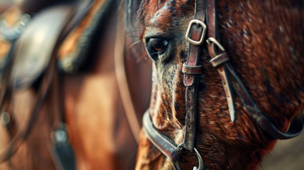 A detailed view of a horses head wearing a bridle, showcasing the intricate design and textures of the leather and metal hardware. The horses eyes, nostrils, and mouth are visible, along with the reins held in the riders hands.