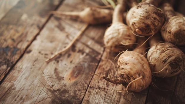 A detailed view of a cluster of ginger roots lying on a rustic wooden table. The ginger roots are arranged closely together, showcasing their unique shapes and textures.