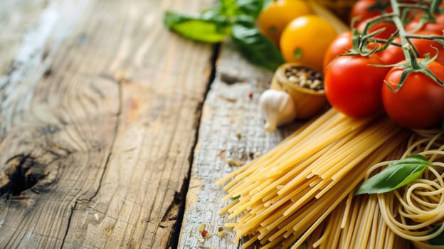 A selection of different types of pasta spread out on a wooden table, showcasing various shapes and sizes like spaghetti, penne, fusilli, and farfalle. The pasta is uncooked and ready to be cooked into delicious dishes.