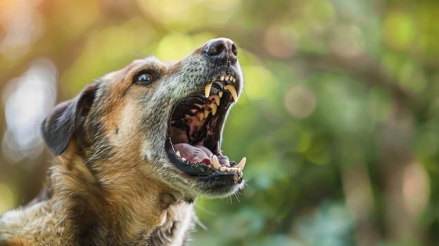 A close-up view of a dog showing its teeth with its mouth wide open. The dog seems to be in a playful or alert state, possibly barking or panting.