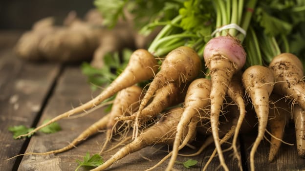 A collection of turnips arranged neatly on top of a sturdy wooden table. The turnips vary in size and color, showcasing their unique textures and shapes. The table appears worn but adds a rustic charm to the scene.