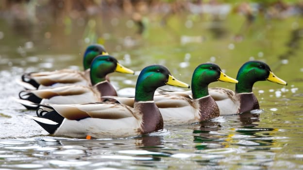 A flock of ducks peacefully floating on the calm surface of a lake, bobbing gently as they navigate the water. The ducks appear relaxed and content, moving together as a cohesive group.