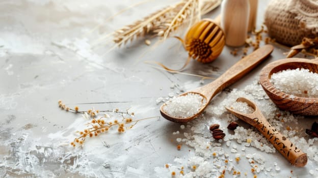 Wooden spoons filled with sugar are neatly arranged on a table, creating a visually appealing display. The sugar is piled high, contrasting against the dark wooden spoons.