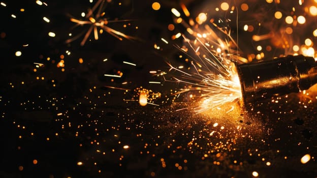 A sparkler, emitting bright sparks, is shown up close against a black background. The sparks create a mesmerizing display of light and motion.