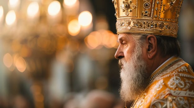 A detailed view of a person wearing a crown, showcasing intricate details and craftsmanship of the regal accessory. The focus is on the individuals head adorned with a symbol of royalty and power.