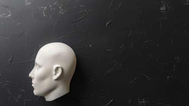 A white mannequin head is mounted on a stark black wall, creating a striking visual contrast. The mannequins features stand out boldly against the dark background, emphasizing its shape and structure.