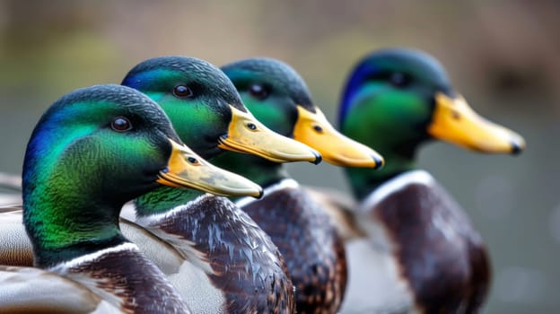 A cluster of ducks of various colors and sizes arranged side by side in a row, sitting on the ground near a lake or pond. The ducks appear relaxed and content, with their feathers ruffled from preening.