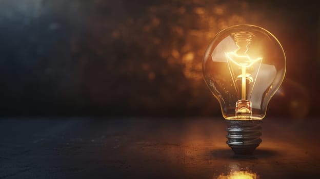 A bright light bulb emits a warm glow on a dark surface, illuminating its surroundings with a soft radiance. The glass bulb stands out in the darkness, creating a striking contrast.