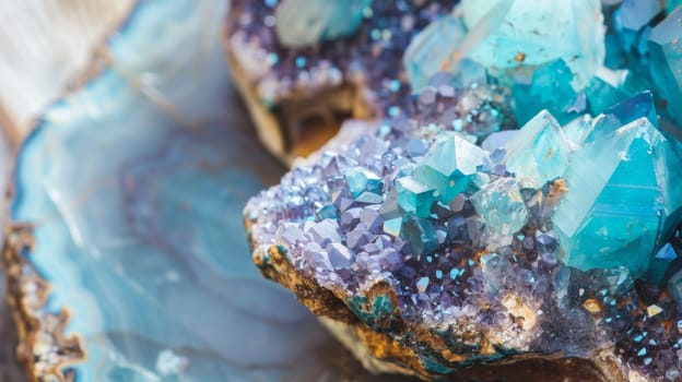 This close-up shot showcases blue crystals nestled on a rocky surface, creating a striking contrast. The crystals glisten under the light, emphasizing their unique texture and color.