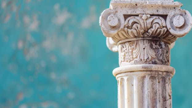 A close-up view of a sturdy pillar in front of a vivid blue wall. The pillar stands tall and strong, creating a striking contrast with the vibrant blue background.