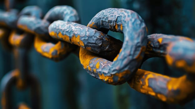 A close-up view of a chain covered in rust, showing the deterioration and aging process of the metal. The rust is prominent, creating a textured and rough surface on the chain.