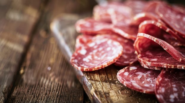 A wooden cutting board is featured with neatly arranged slices of savory salami, showcasing a classic charcuterie arrangement for a delicious appetizer or snack.