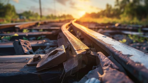 A train track stretches into the distance under the setting sun, casting long shadows and creating a warm glow in the sky behind. The silhouette of the train contrasts with the vibrant colors of the sunset.