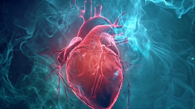 A heart shape is clearly visible in the center of the composition, surrounded by billowing smoke and flowing water. The smoke curls and twists around the heart, while the water swirls and splashes, creating a dynamic and captivating scene.