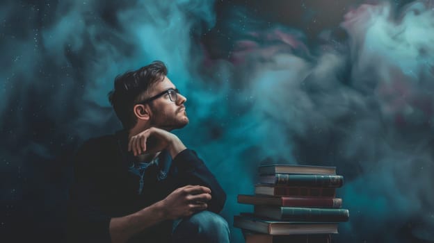 A man is sitting on a large stack of books, looking down and appearing contemplative. The books vary in size and color, creating a visually striking scene.