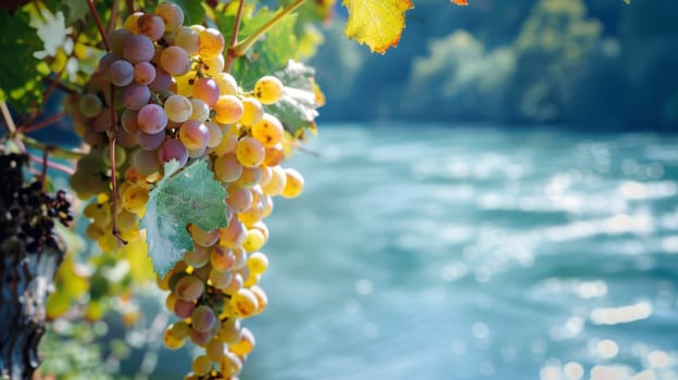 A cluster of grapes is seen hanging from a vine that grows alongside a flowing river. The vibrant green leaves provide a backdrop to the ripe grapes, ready for harvesting.