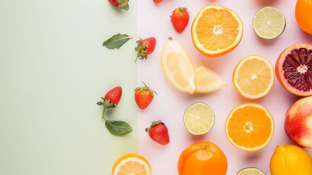 A table is covered with a variety of fresh fruits including oranges, lemons, and strawberries. The colorful fruits are arranged neatly on the surface, creating a vibrant and inviting display.