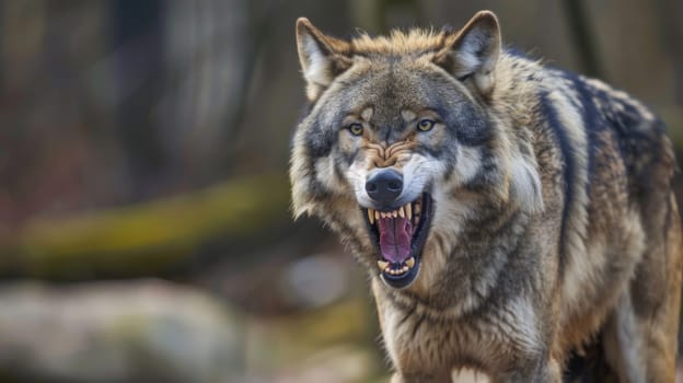 A wolf with its mouth open wide, baring its sharp teeth in a threatening display of aggression. The animal appears ready to attack, showcasing its primal instinct and power.