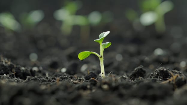 A small and delicate young plant is emerging from the earth, showcasing the miraculous process of growth and new life. The plants green leaves are beginning to unfold, reaching towards the sunlight.