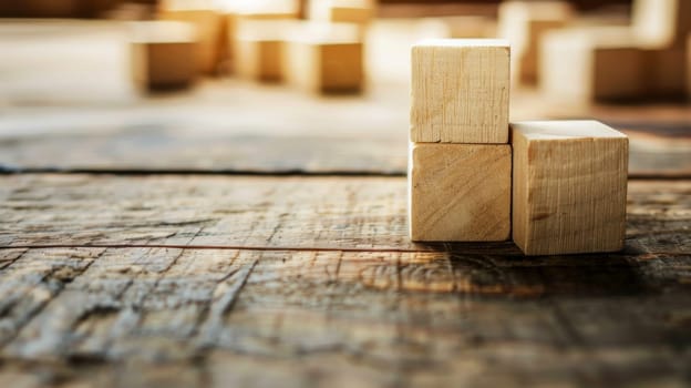 A rectangular wooden block is placed on top of a wooden floor, creating a simple and minimalist visual. The block contrasts with the floors texture, highlighting its smooth and polished surface.