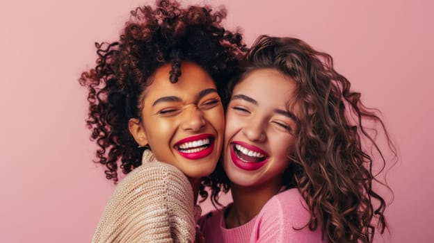 Two women are hugging each other tightly with their mouths open. They appear to be in a moment of excitement or joy, expressing affection towards each other.