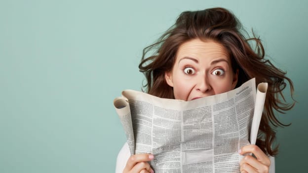 A woman holding a newspaper in her hands, her facial expression conveying surprise. She appears to have just read something unexpected or shocking, as she stares wide-eyed at the paper.
