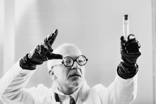 Mastermind in a lab coat devises forbidden substances in a black and white early 20th-century setting, hinting at concealed alliances with or deception of governments