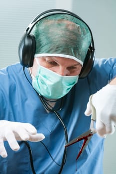Surgeon with headphones uses a bloody office scissor, hinting at gross negligence. Represents medical malpractice, dangers, and the necessity for professional trustworthiness