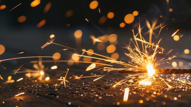 A sparkler illuminates the table it sits on, its glowing tip emitting light and sparks. The tables surface reflects the brightness of the sparkler, creating a warm and festive atmosphere.