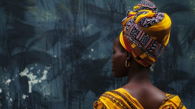 A woman wearing a bright yellow dress and head scarf stands outdoors, her clothing catching the sunlight. She gazes off into the distance, exuding a sense of confidence and style.