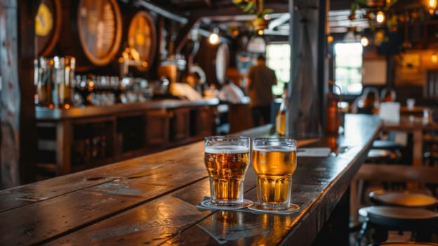 Two glasses filled with beer are sitting on a wooden bar counter. The glasses are condensing due to the cold beer inside, creating a refreshing sight. The bar looks well lit and inviting.