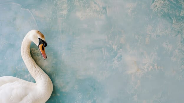 A white swan gracefully glides across the water, its large wings elegantly outstretched as it moves peacefully through the serene aquatic environment.