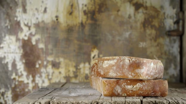 Two slices of bread are placed on top of a wooden table. The table surface is rough and textured, providing a sturdy base for the bread. The bread appears to be plain white bread, without any toppings or fillings.