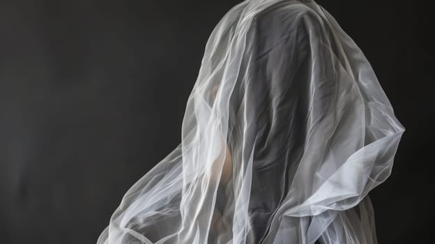 A woman is depicted wearing a white veil against a stark black background. The focus is on the contrast between the white veil and the dark surroundings.