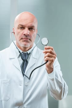doctor with an unsettling gaze exudes excessive confidence, almost intimidatingly so. Serene and calm, he displays his stethoscope, dressed professionally beneath his coat with a shirt and tie. His he