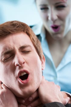 Young woman threatens man with fake sexual claims. Workplace fraught with sexist perils